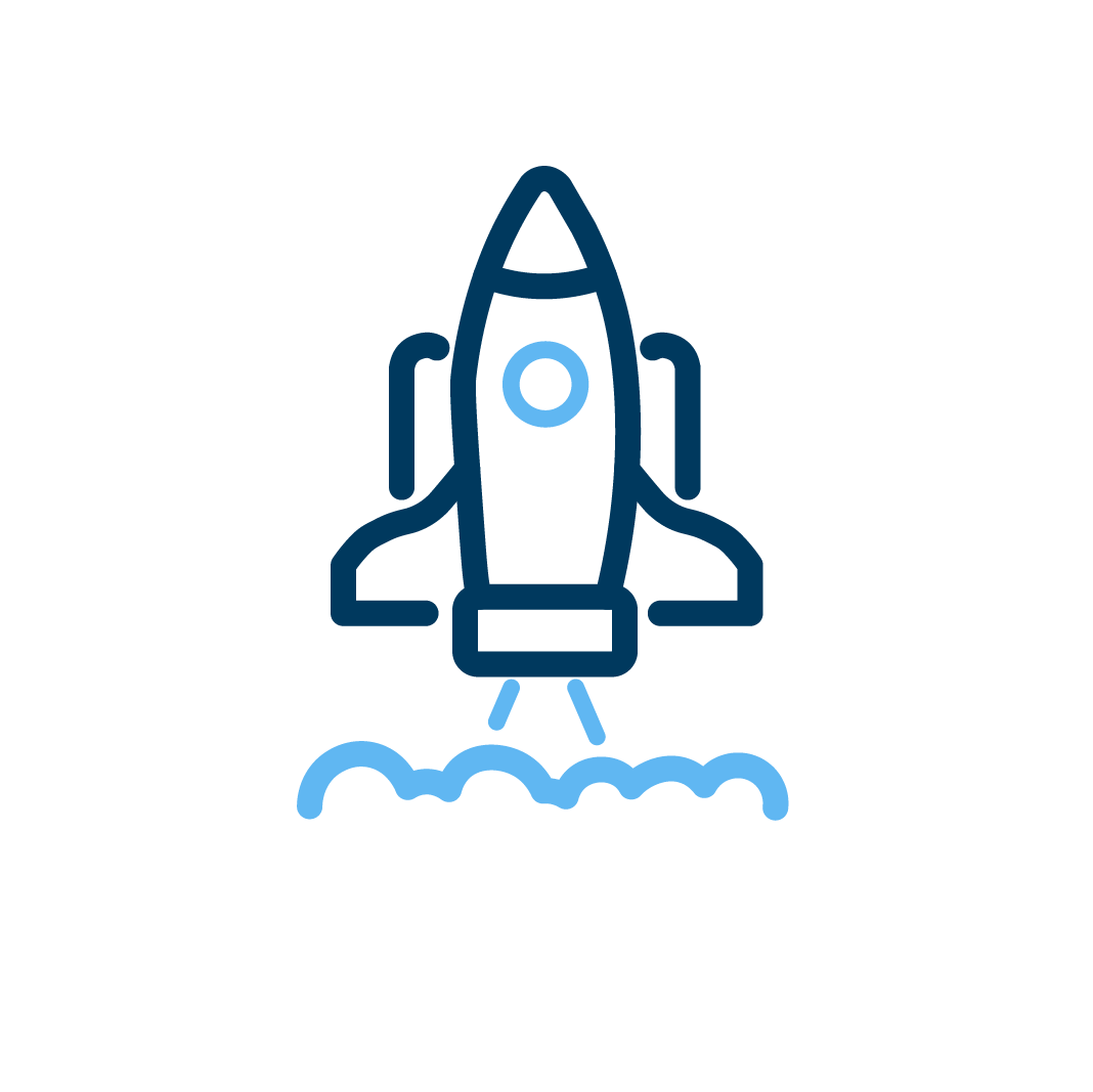 Rocket Ship blasting off graphic, link to Getting Started page